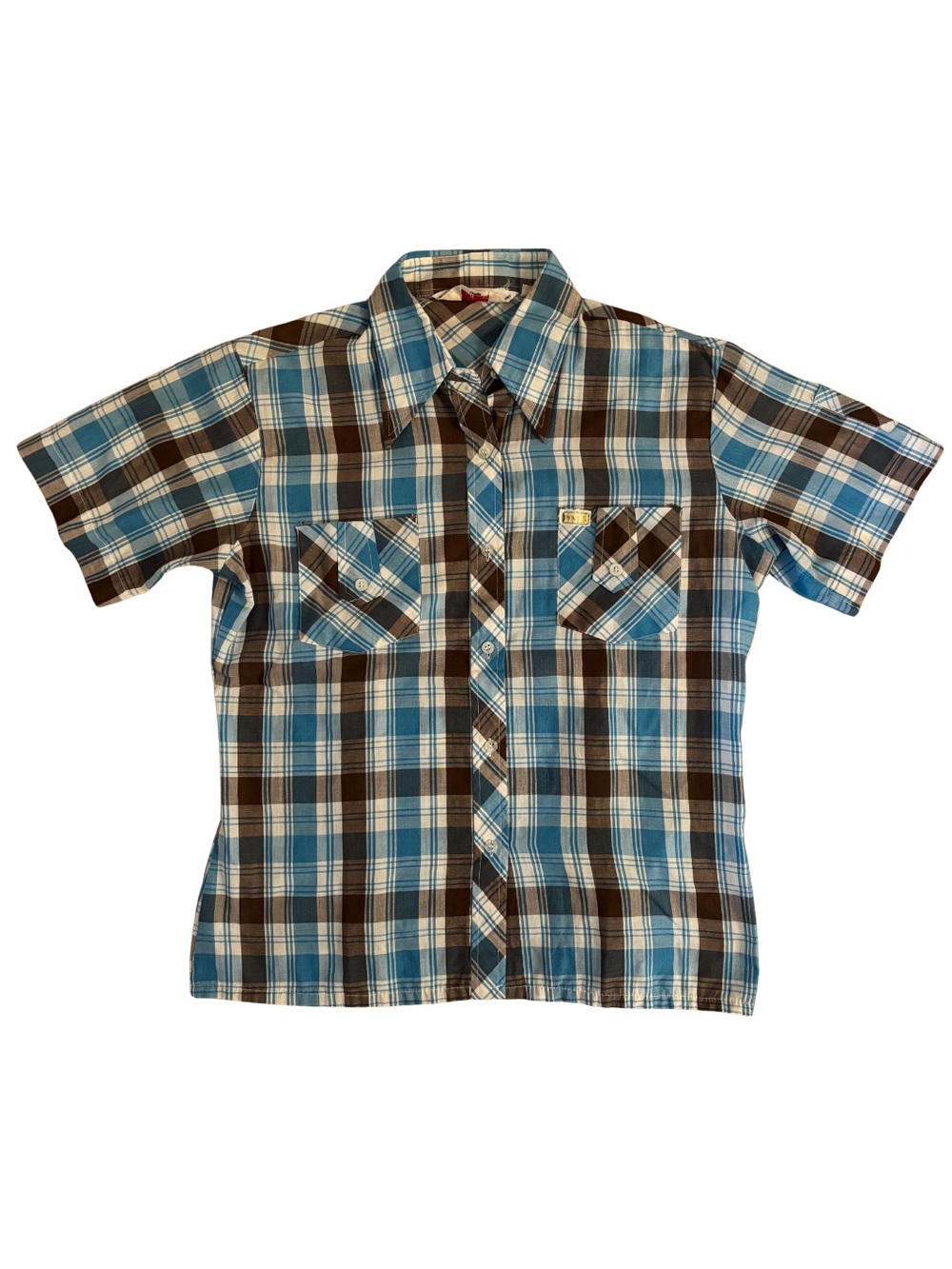 1970’s Lady Gloria Blue and Brown Plaid Short-Sleeve Shirt